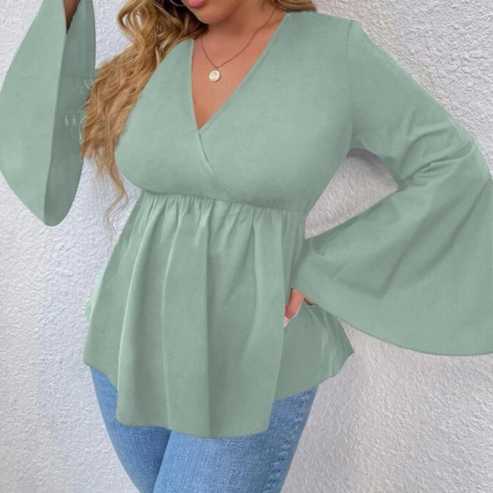 Trumpet Sleeve Overlap Blouse